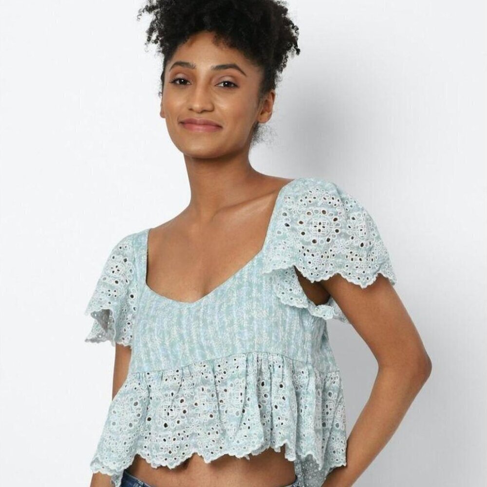 American Eagle Outfitters Babydoll Light Blue 100% Cotton Eyelet Crop Top Size S
